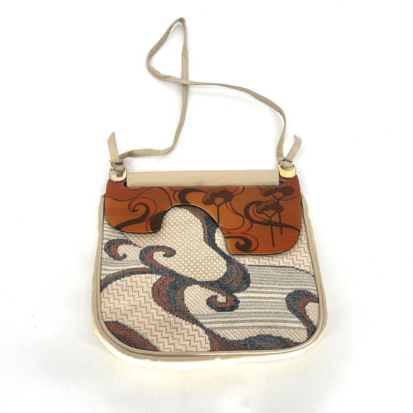 Vtg Patricia Smith Moon Bags Needlepoint Leather Asian Floral Cream Crossbody